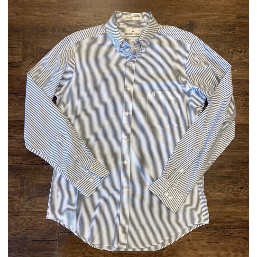 Vintage Etienne Aigner 15 1/2-34/35 Blue Stripe Cotton Blend Logo Dress Shirt